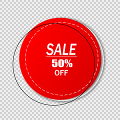 An advertising sale icon with text on a transparent background. Realistic round discount sticker, advertising badge, trade label. Vector EPS 10.