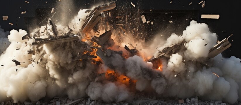 Building collapsing in a bomb blast with smoke overhead