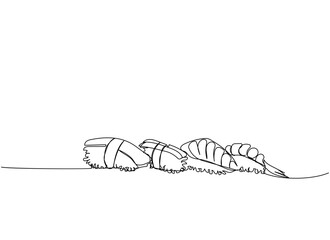 Sushi set, salmon nigiri, Aburi nigiri, shrimp nigiri, tuna nigiri, Avocado Nigiri-Zushi one line art. Continuous line drawing of sushi, japanese, food, roll, restaurant, japan, asian, sea, menu