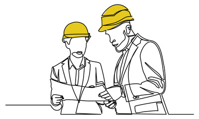 continuous line drawing of civil engineer building Construction. civil engineer giving instruction to builders on Building architecture business concepts.
