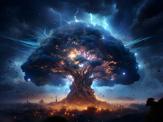 Fantasy landscape with a big tree in the form of a lightning bolt