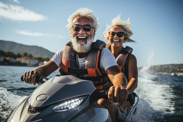 Happy senior couple in safety helmets and vests riding jet ski on a lake or along sea coast. Active elderly people having fun on water scooter. Retired persons lead active lifestyle and travel. - obrazy, fototapety, plakaty