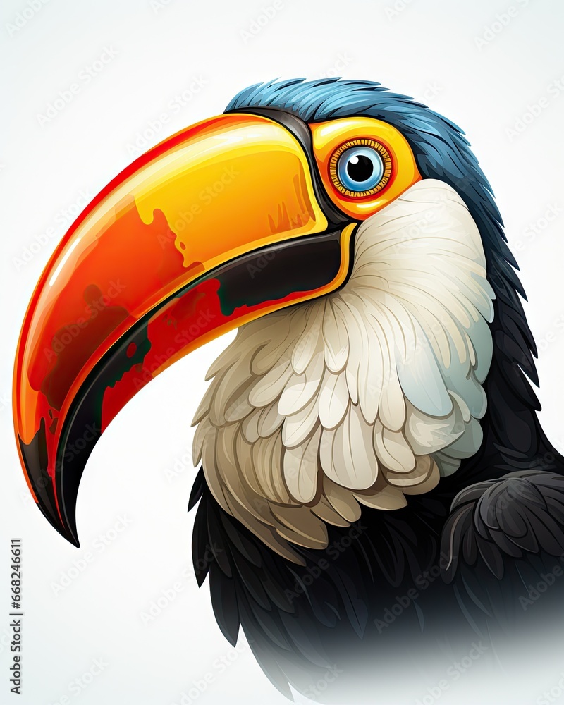 Poster a colorful toucan bird with a large beak on a white background. generative ai