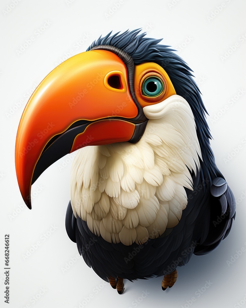 Poster a colorful bird with a large beak on a white background. generative ai
