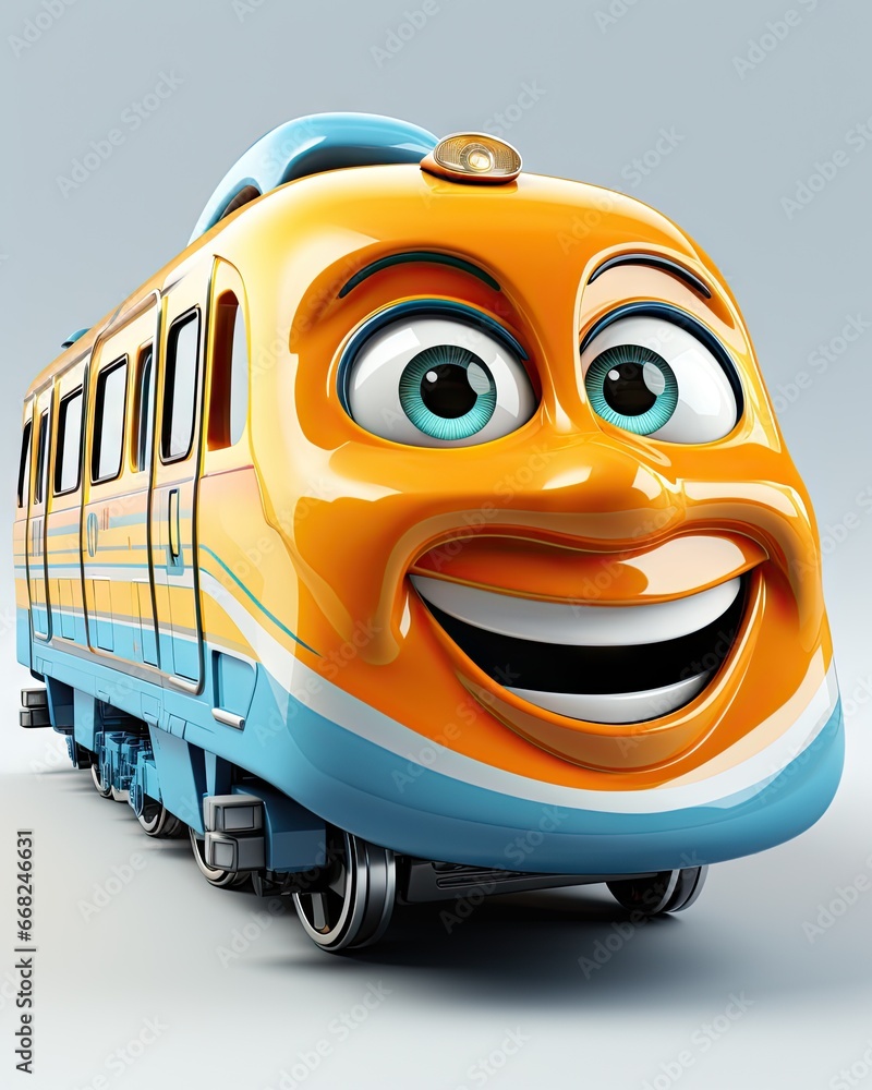 Poster a cartoon train with a smiling face on the front of it. generative ai