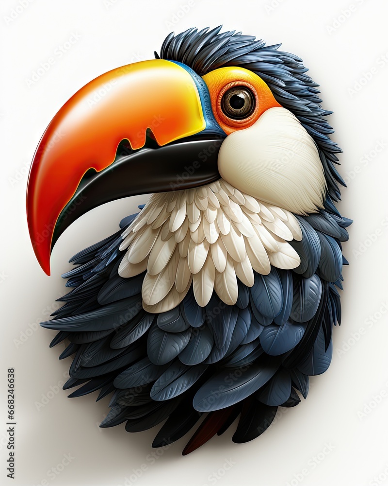 Poster a colorful bird with a large beak on a white background. generative ai