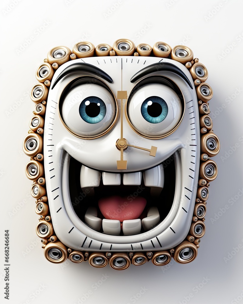 Poster a clock with a face with eyes and a clock face. generative ai