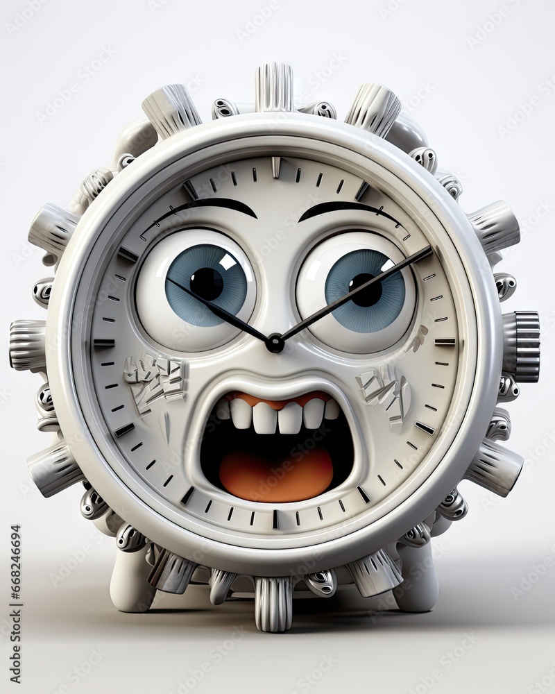Poster an alarm clock with a face with a surprised look on it's face. generative ai