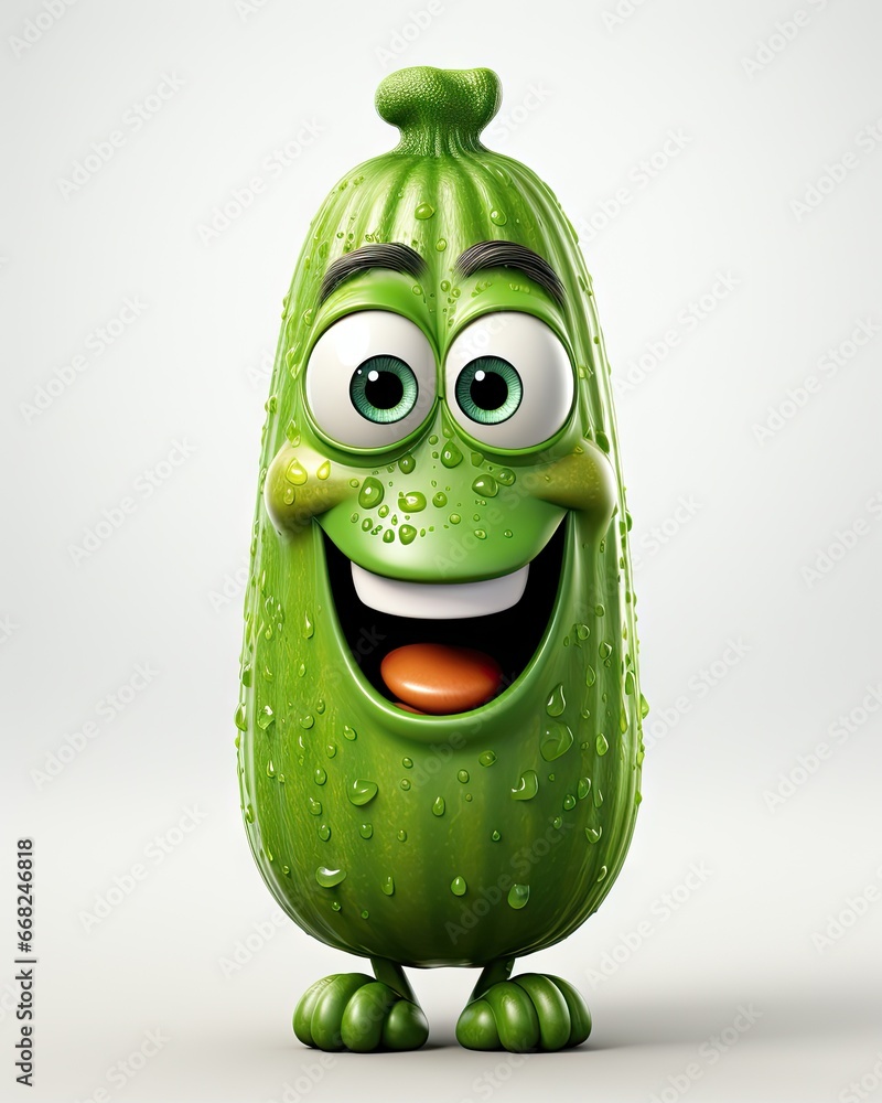 Poster a cartoon cucumber with eyes and a smile on it's face. generative ai