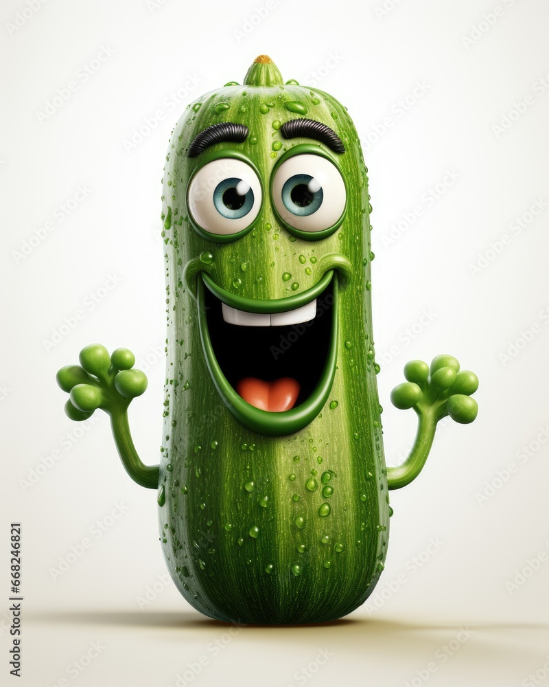 Poster a cucumber with eyes and a smile on it's face. generative ai