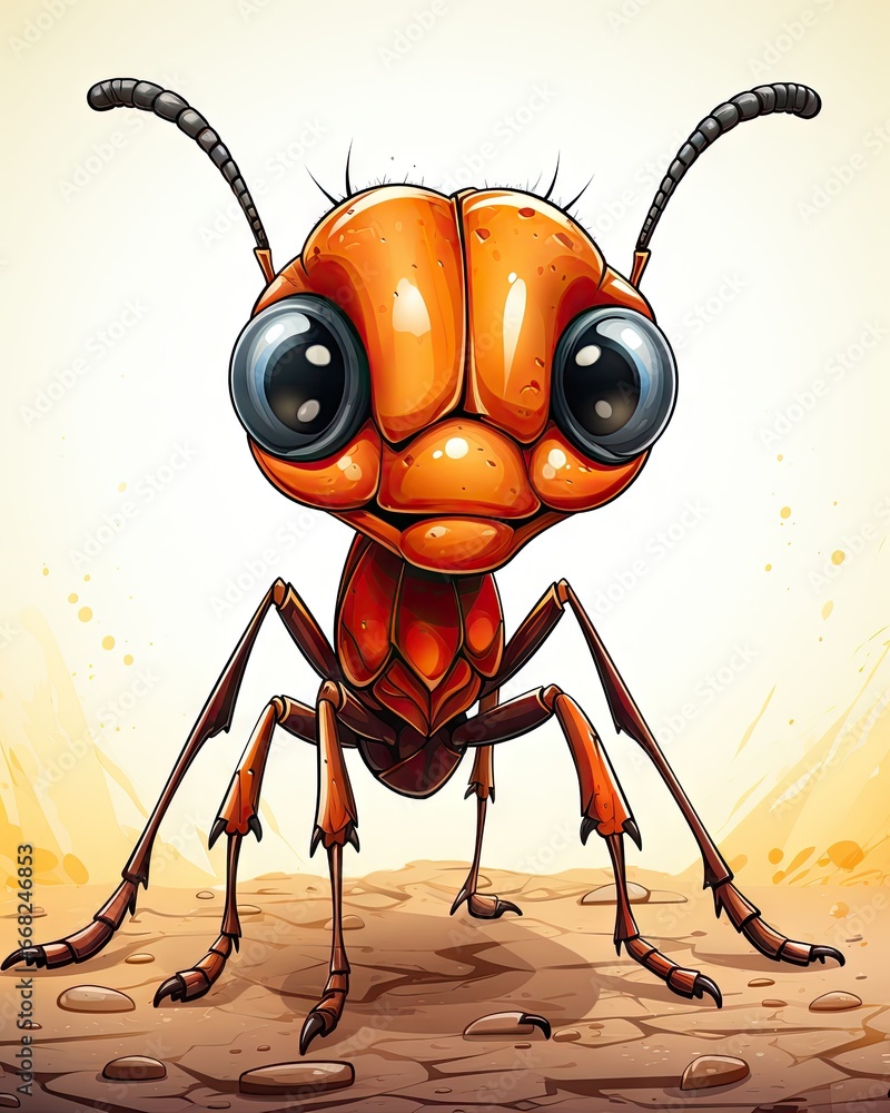 Poster a close up of a bug on a dirt ground with a yellow background. generative ai