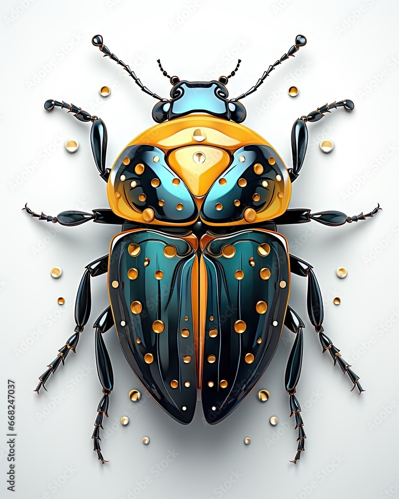 Poster a bug with a yellow and blue design on it's back. generative ai