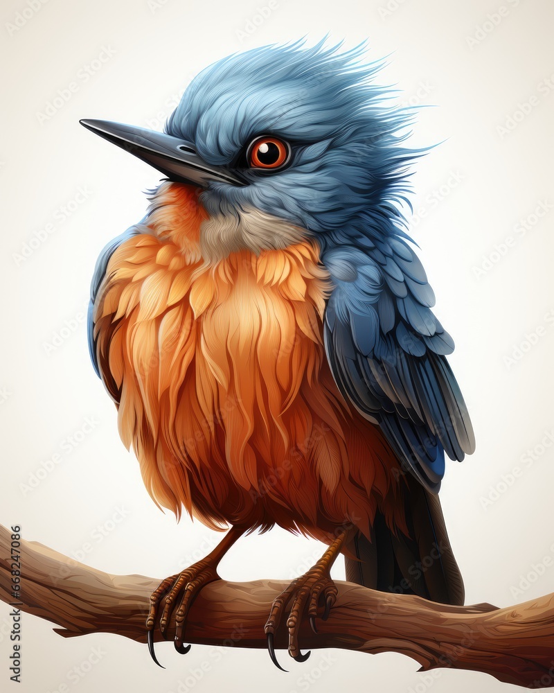 Poster a colorful bird sitting on top of a tree branch on a white background. generative ai