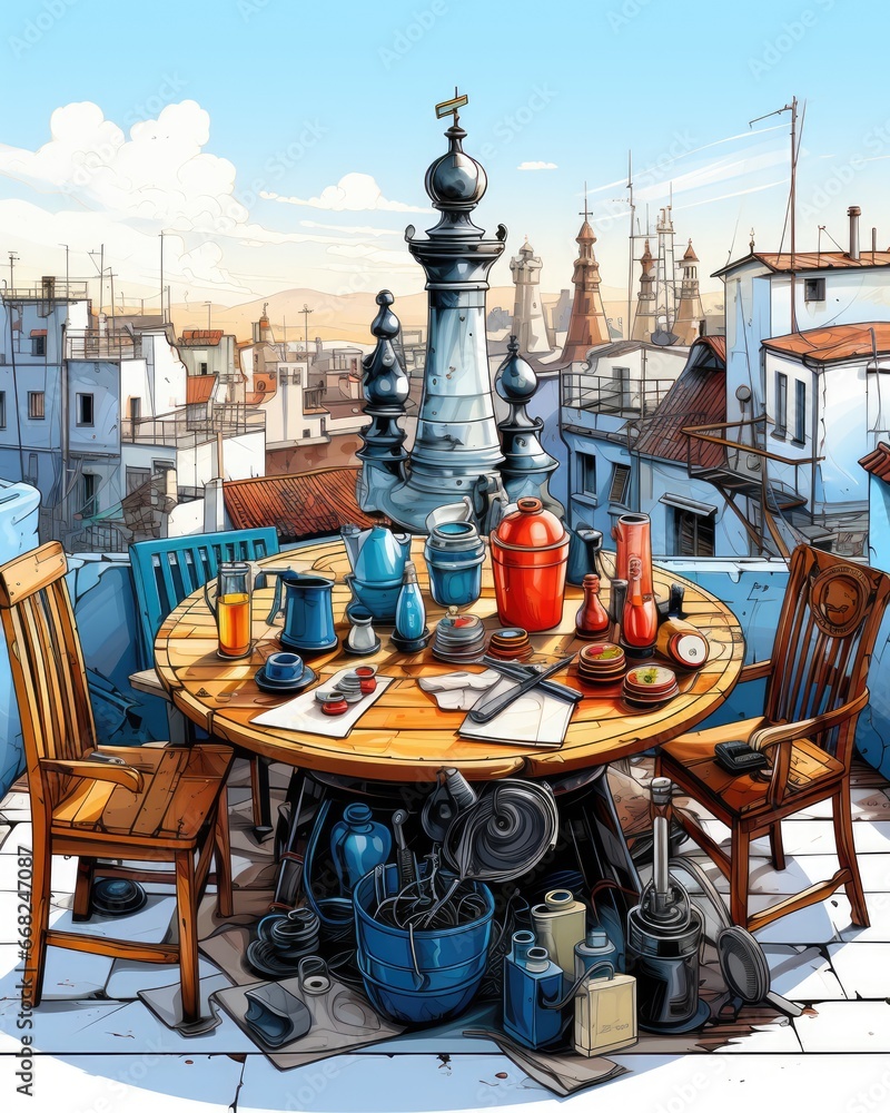 Poster a painting of a table with a chess piece on it. generative ai