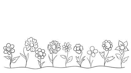Flowerbed of simple hand-drawn flowers, set of flowers