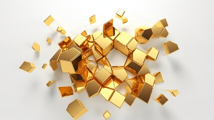 3D render featuring a shattered surface with a hole, gold and crystal glass mosaic pieces, and an abstract geometric hexagon shape. Isolated split item set on a white backdrop.