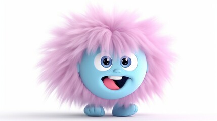 Fototapeta premium Funny, vibrant cartoon character in 3D render resists the wind while standing in front of the fan. The idea of resistance. Silly clipart of a hairy monster and fluffy toy isolated on a white backdrop