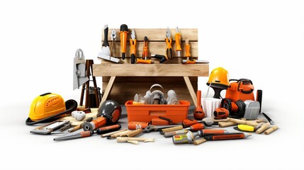 An assortment of building equipment in a 3D render. Clipart of building and remodelling isolated on a white background