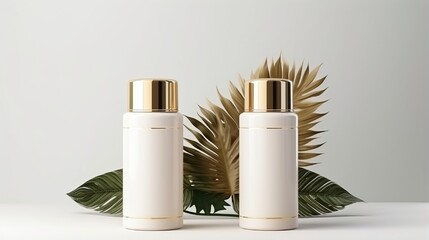 Fototapeta premium 3D model of a set of empty cosmetic bottles with gold caps set against a white background and embellished with flowers and tropical palm fronds. assortment of skin care items. High-end package mock-up