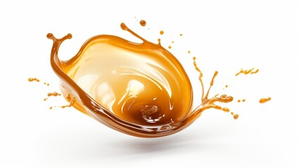 3D render of a spherical liquid caramel splash, perfect for cooking toffee or nougat with a splattering of maple syrup. isolated clipart on a white backdrop.