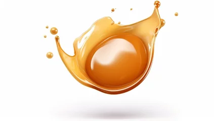 Schilderijen op glas 3D illustration of a spherical liquid caramel splash, perfect for cooking toffee or nougat with a splattering of maple syrup. isolated clipart on a white backdrop. © Muhammad
