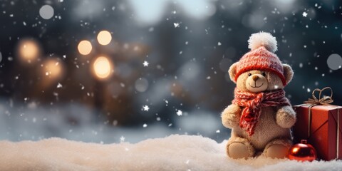 snowman portrait on snowy background with copy space. Generative AI
