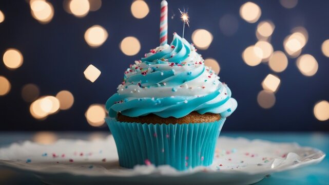 A festive photo of a cupcake from a distance with a sparkler and candle on top. The cupcake is in a white paper 