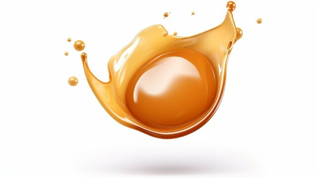 3D illustration of a spherical liquid caramel splash, perfect for cooking toffee or nougat with a splattering of maple syrup. isolated clipart on a white backdrop.