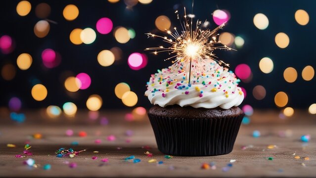 cupcake with sparkler, A festive photo of a celebration cupcake with a sparkler on top.  