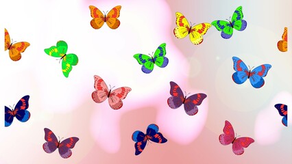 Spring Background with Colorful Butterflies. Raster Background on neutral, white, pink colors. Cute Feminine Pattern for Card, Invitation, Print. Trendy Decoration with Beautiful Butterfly Silhouettes