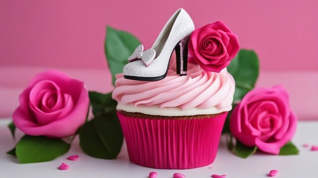 pink cupcake with pink rose A fuchsia pink theme cupcake with a shoe high heel and a heart decoration and a beautiful rose.  