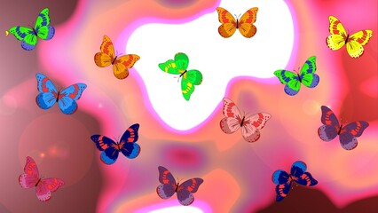 Illustration in pink, white and orange colors. Suitable for paper, fabric, packaging. Raster floral sketch pattern with butterflies.