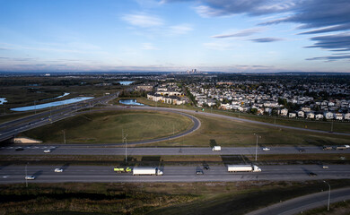 Fototapeta premium Aerial capture of Calgary, Alberta on a fall morning 