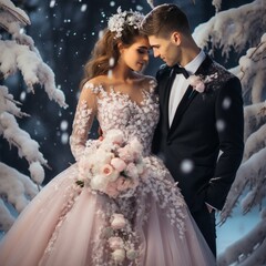 A young groom in a classic suit and a bride in a luxurious wedding dress look at each other. In the background are elements of luxurious wedding decor. Winter wedding concept.
