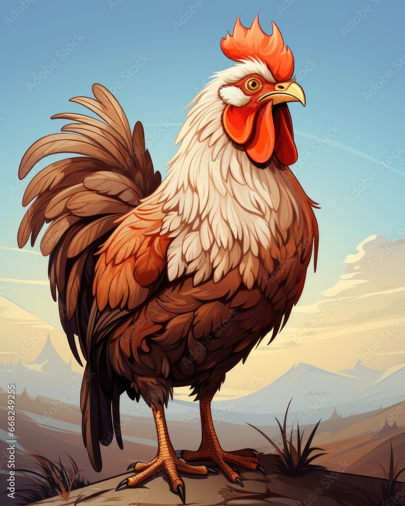 Poster a rooster is standing on a rock in a field with mountains in the background. generative ai