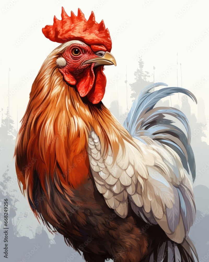 Poster a rooster with a red head and white tail standing in front of a forest. generative ai