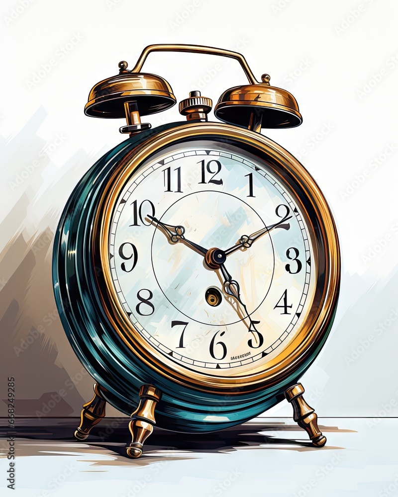 Poster a drawing of an alarm clock on a white background with a blue background. generative ai
