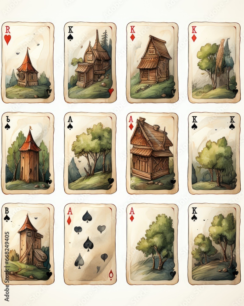 Poster a set of playing cards with a house and trees on them. generative ai