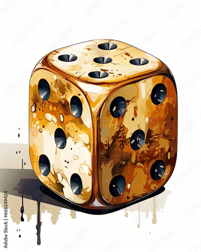 Poster a dice with holes on it sitting on a table next to a paint splattered wall. generative ai