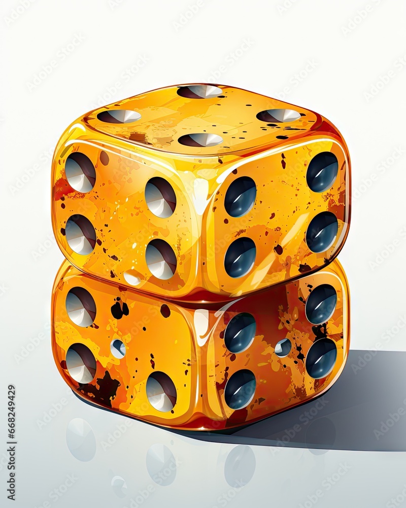 Poster a pair of yellow dices with holes in them sitting on a table. generative ai