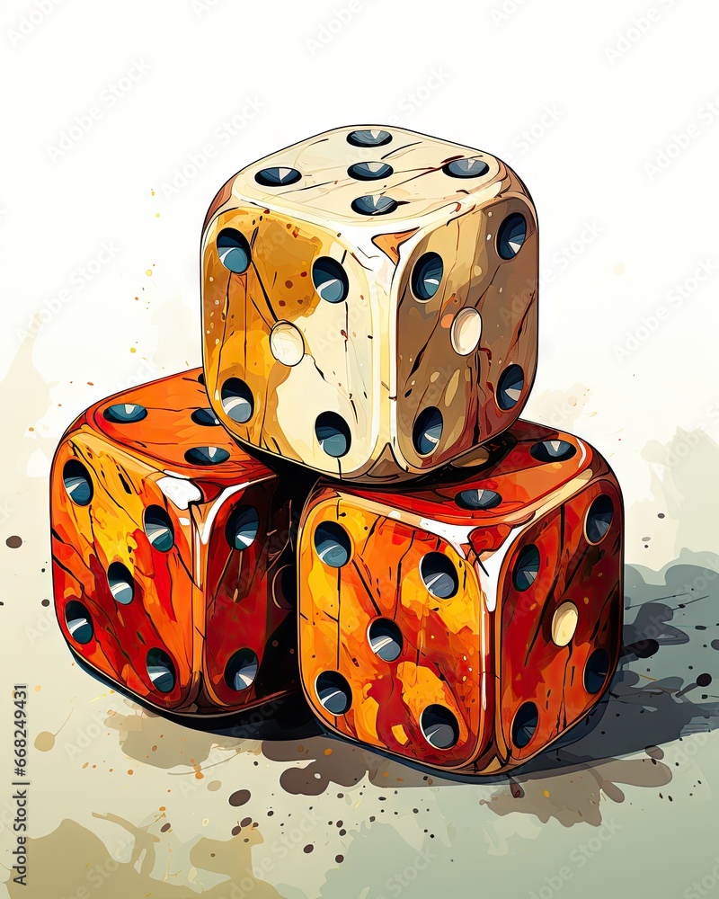 Poster three dices are stacked on top of each other on a dirty surface. generative ai