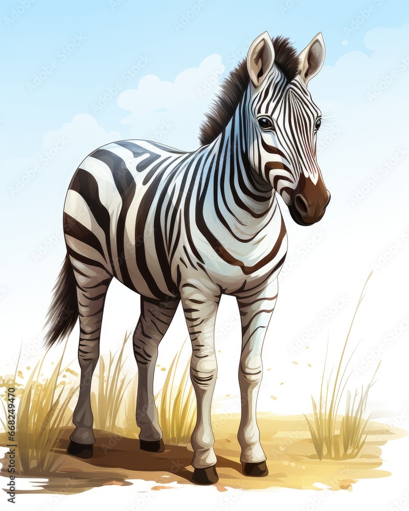 Poster a zebra standing in the middle of a dry grass field. generative ai