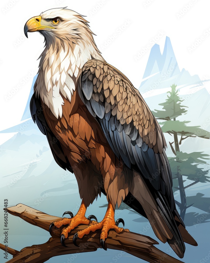 Poster an eagle sitting on a branch in a snowy area with mountains in the background. generative ai