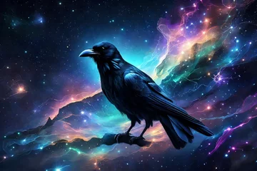 Foto op Canvas Create an enchanting portrayal of a cosmic raven shaped from luminous gases, adding an aura of mystery to the cosmic skies © Izhar