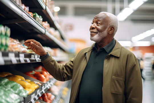 senior African American man choosing a product in a grocery store. Neural network generated image. Not based on any actual person or scene.