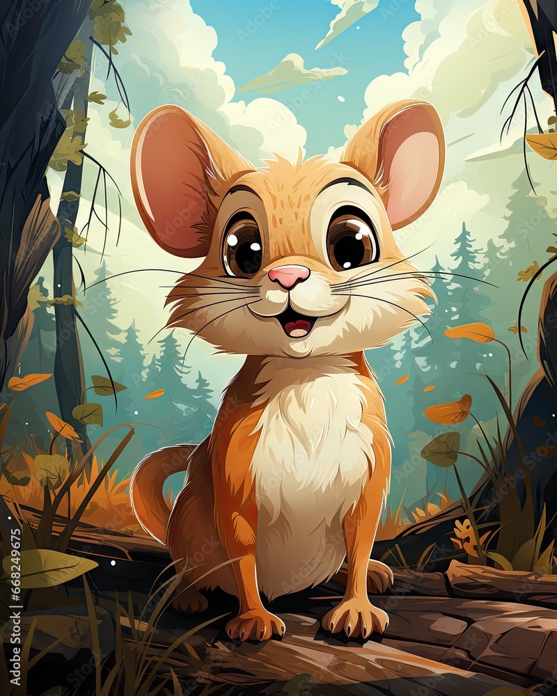 Poster a cartoon mouse sitting on a log in a forest with a sky background. generative ai