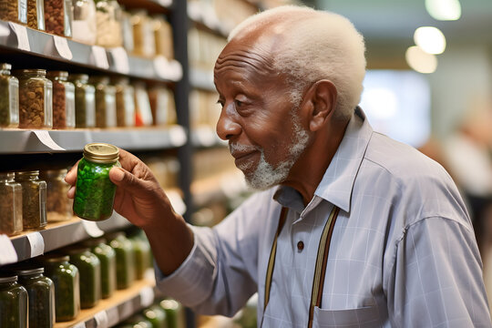 senior African American man choosing a product in a grocery store. Neural network generated image. Not based on any actual person or scene.