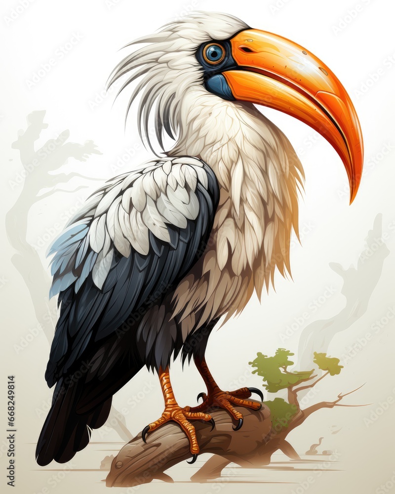 Poster a bird with a long beak sitting on a branch of a tree. generative ai