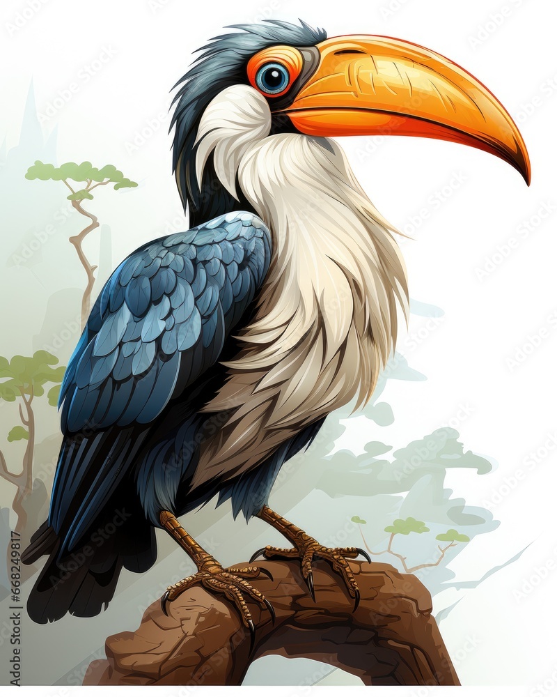Poster a colorful bird sitting on top of a tree branch next to a forest. generative ai