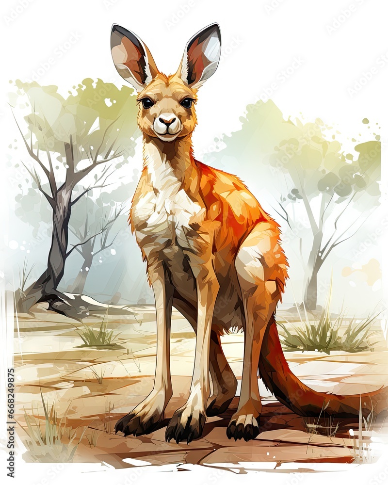 Poster a drawing of a kangaroo sitting in a field with trees in the background. generative ai
